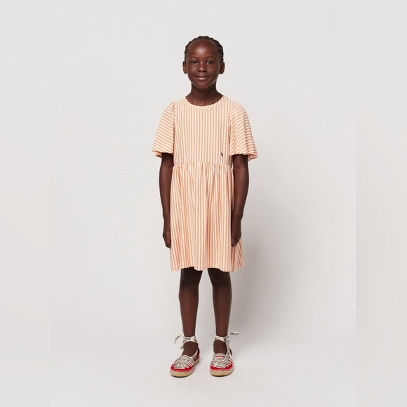 Bobo Choses, Girl’s Orange Vertical Stripes Ruffle Sleeves Dress - Picture 2 of 9